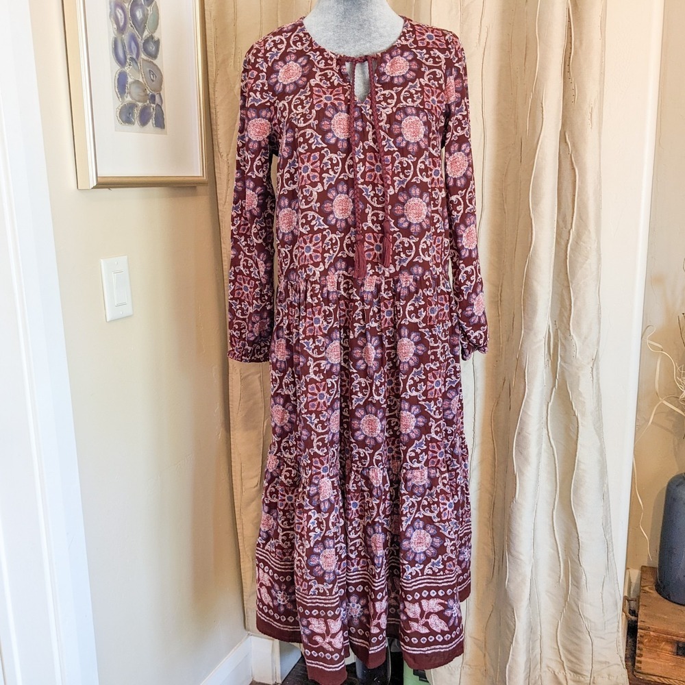 Aerie Floral Tiered Peasant Midi Dress XS Boho Burgundy Indian Cotton Festival